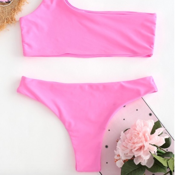 Unlined One Shoulder Bikini Set - Hot Pink S - Picture 4 of 8